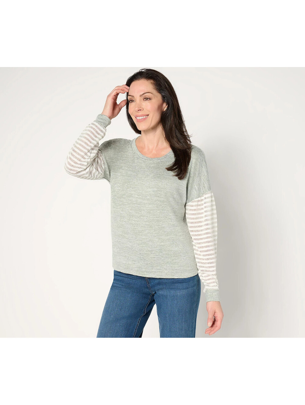 CC3261 Anybody Hacci Top with Lurex Striped Sleeve Puff Sleeve SIZE XXS